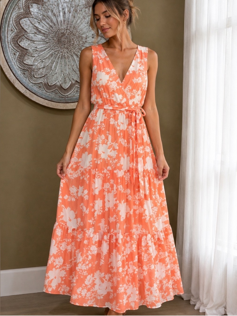 Pink Lily Coral Peach & White Floral V-Neck Tiered Tie Waist Maxi Dress